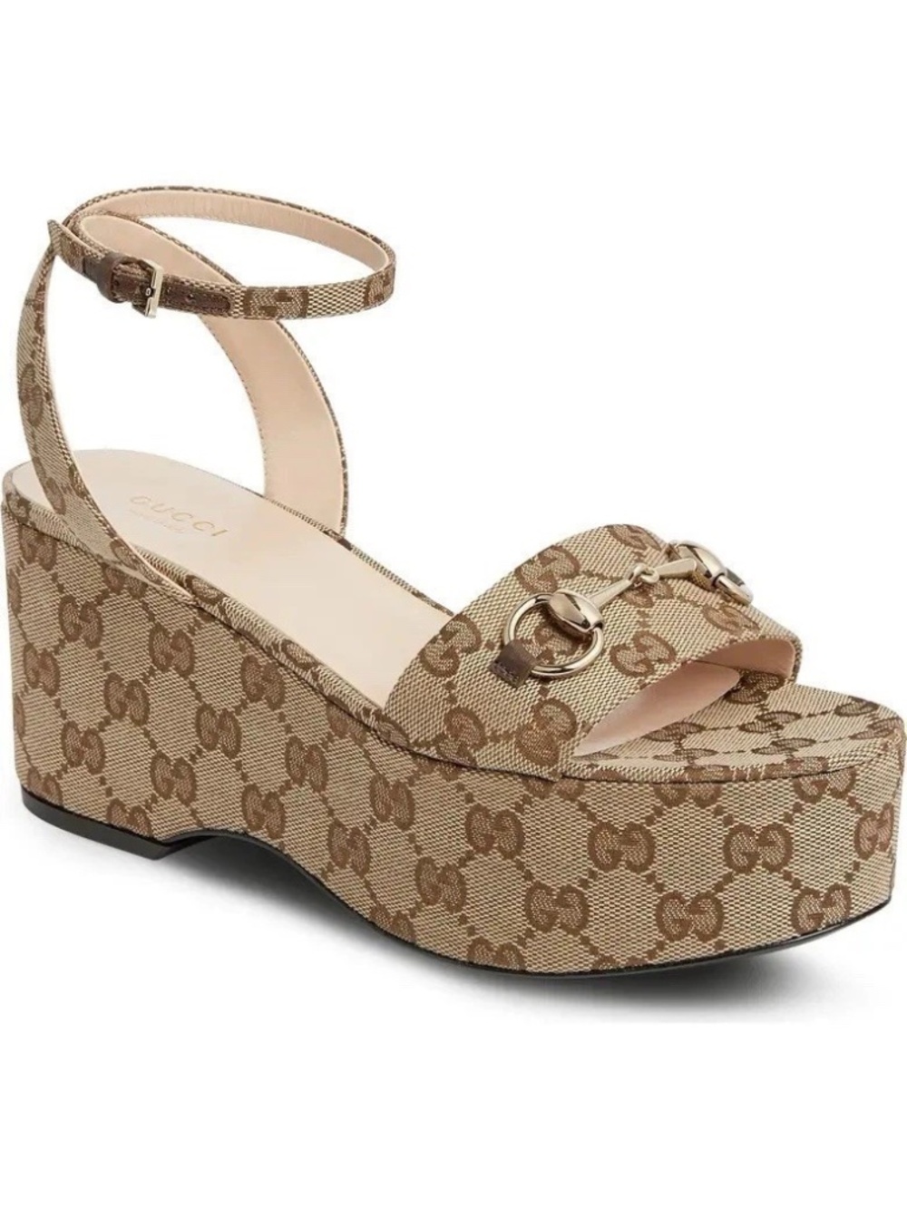 GUCCI Women’s Horsebit Platform Wedge Sandals GG Canvas Size 8 (US) NIB 794718